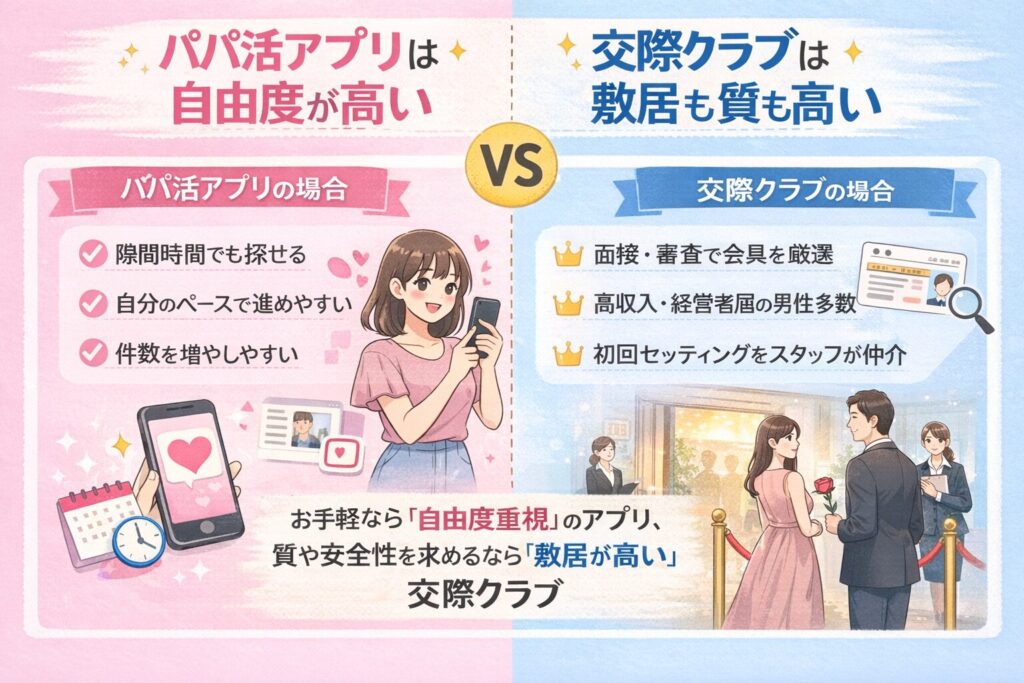 パパ活アプリと交際クラブの違い 比較
