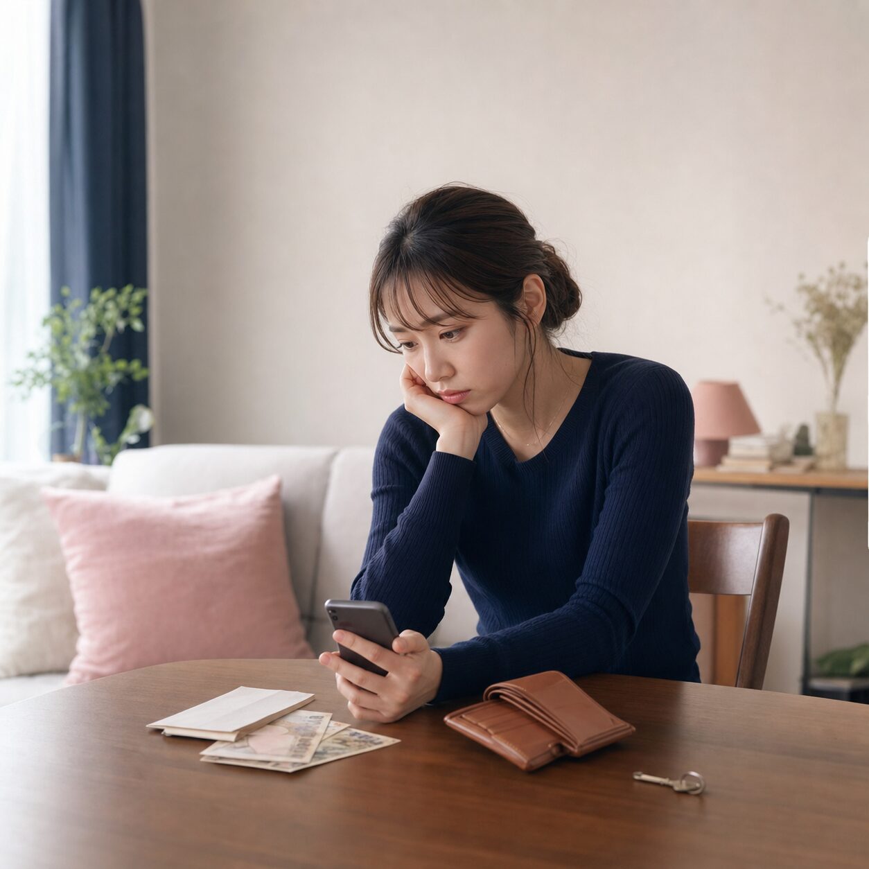 スマートフォンや請求書を前に考え込む成人女性