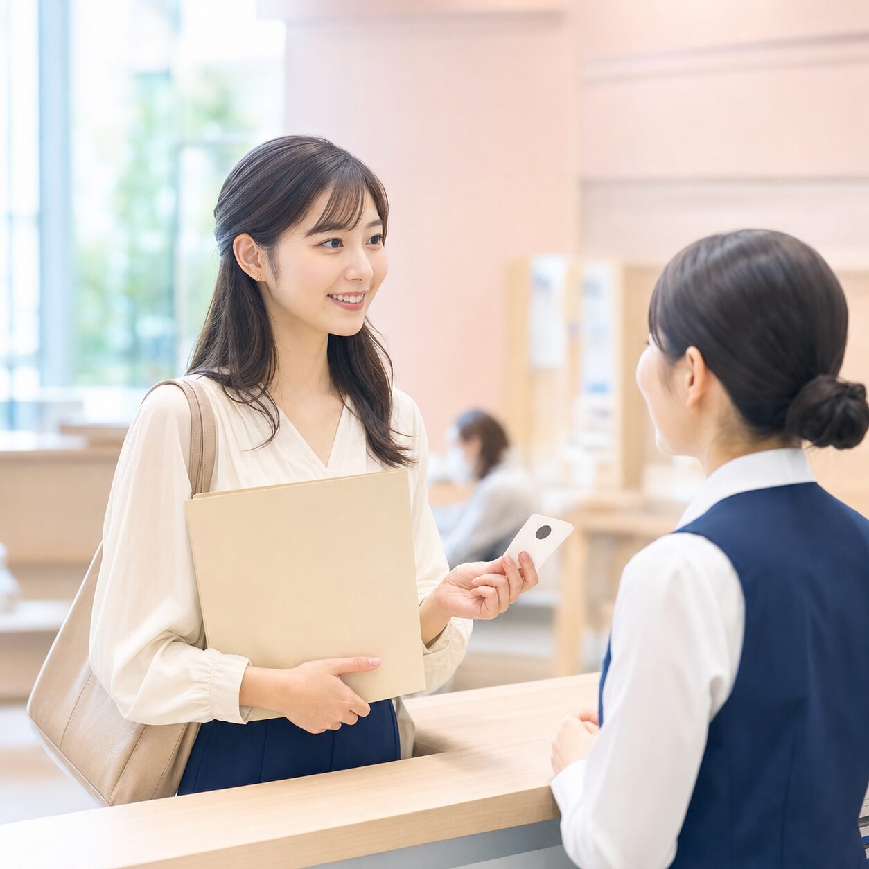 市区町村の窓口で身分証の手続きを相談する成人女性