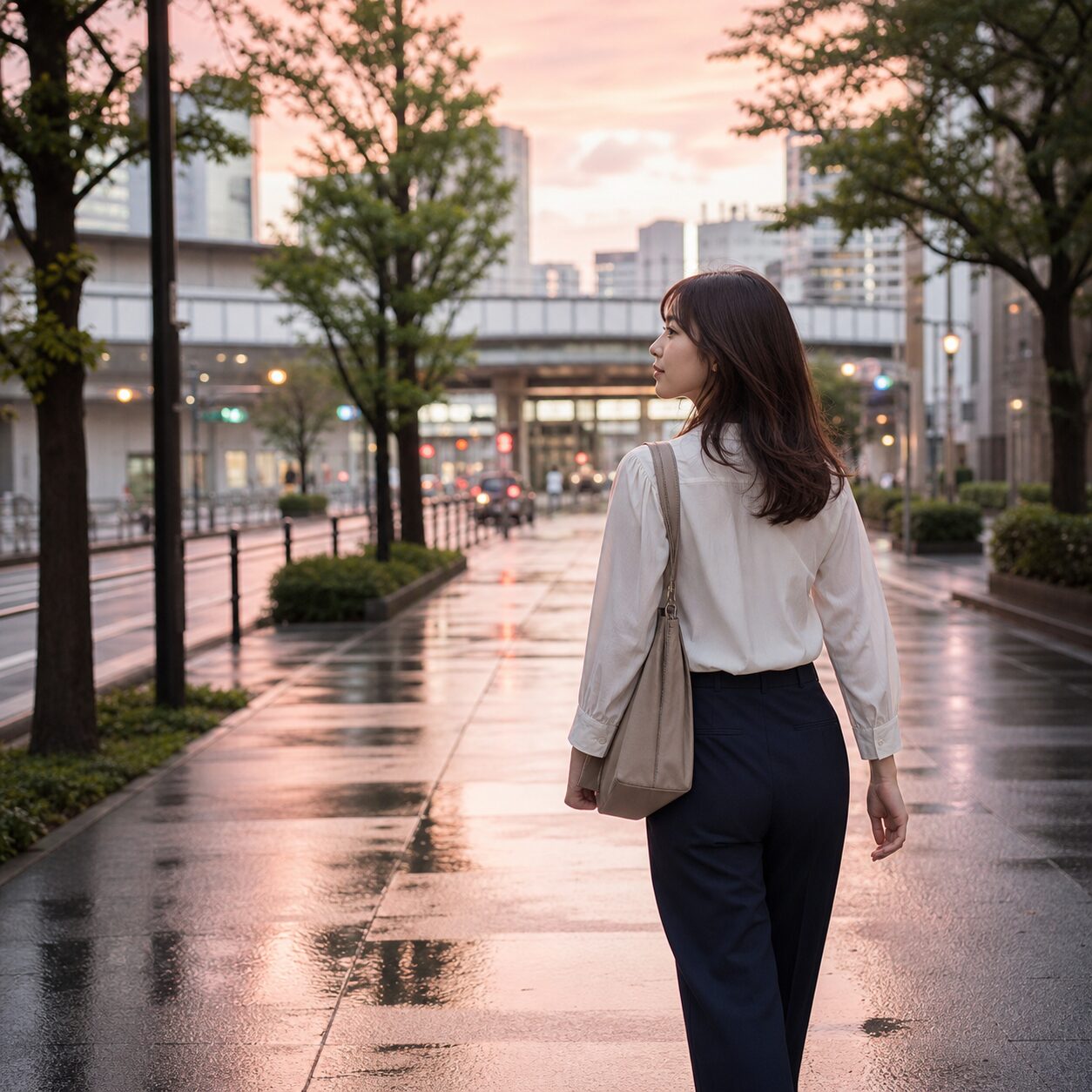 雨上がりの朝の街へ歩き出す成人女性